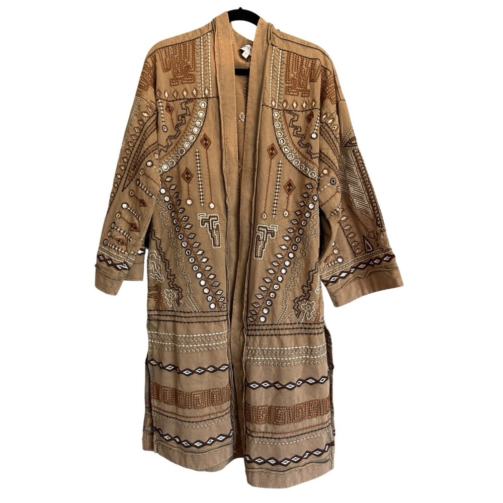 Shyanne Brown Embroidered Jacket  SZ Large Tan Embellished Knee Length Duster